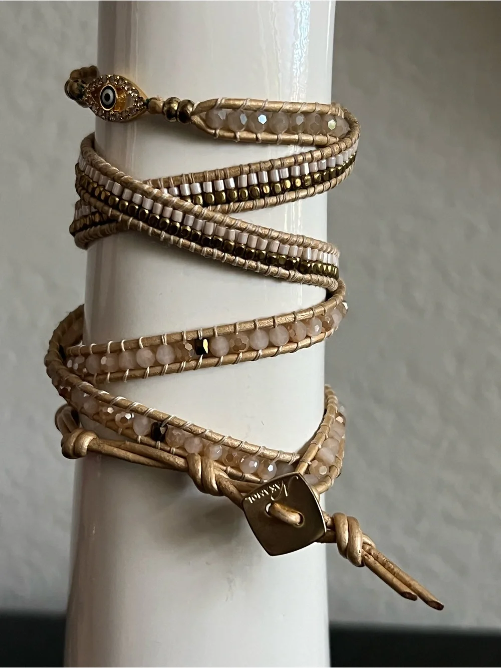 Nakamol Gold and Beige Beaded Wrap Bracelet with Evil Eye Charm